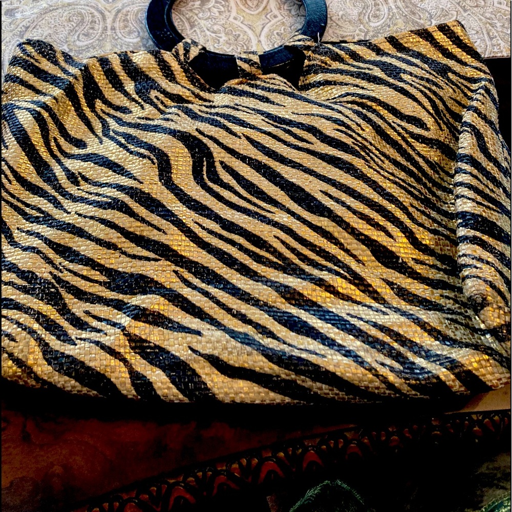 Gold and black zebra print tote bag